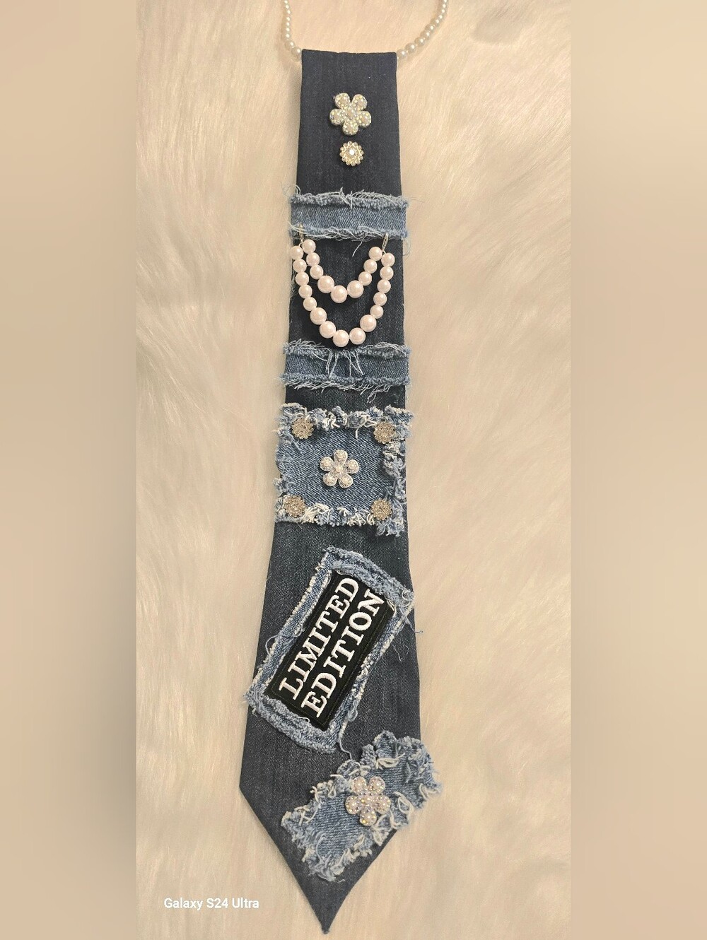 Denim Patchwork Necklace Tie with Pearls - Blue